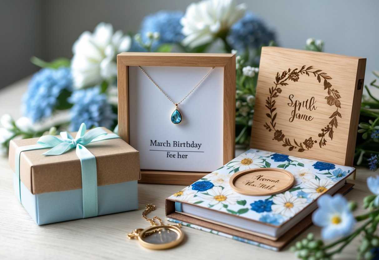 A collection of personalized March birthday gifts for her, including a silver birthstone necklace, an engraved wooden photo frame, and a floral journal, arranged on a wooden table with spring flowers and greenery.