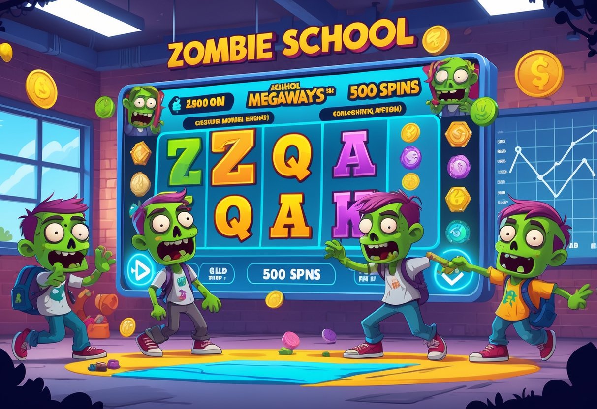 Ilustrasi sekolah dengan karakter zombie yang berinteraksi dengan elemen permainan slot dan grafik pola permainan.