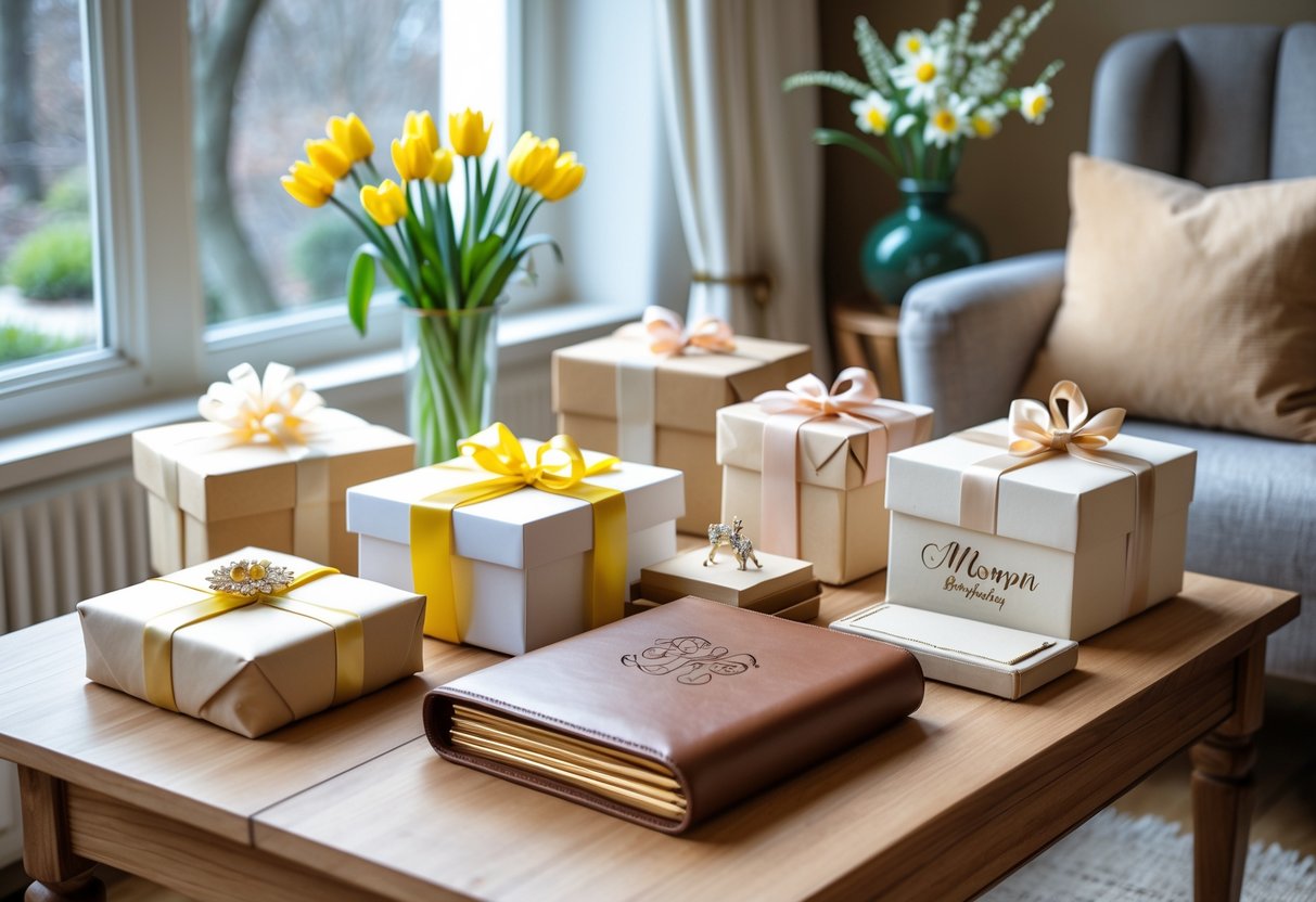 A table with personalized birthday gifts including wrapped boxes, a jewelry box, a leather journal, and spring flowers in a cozy, well-lit living room.