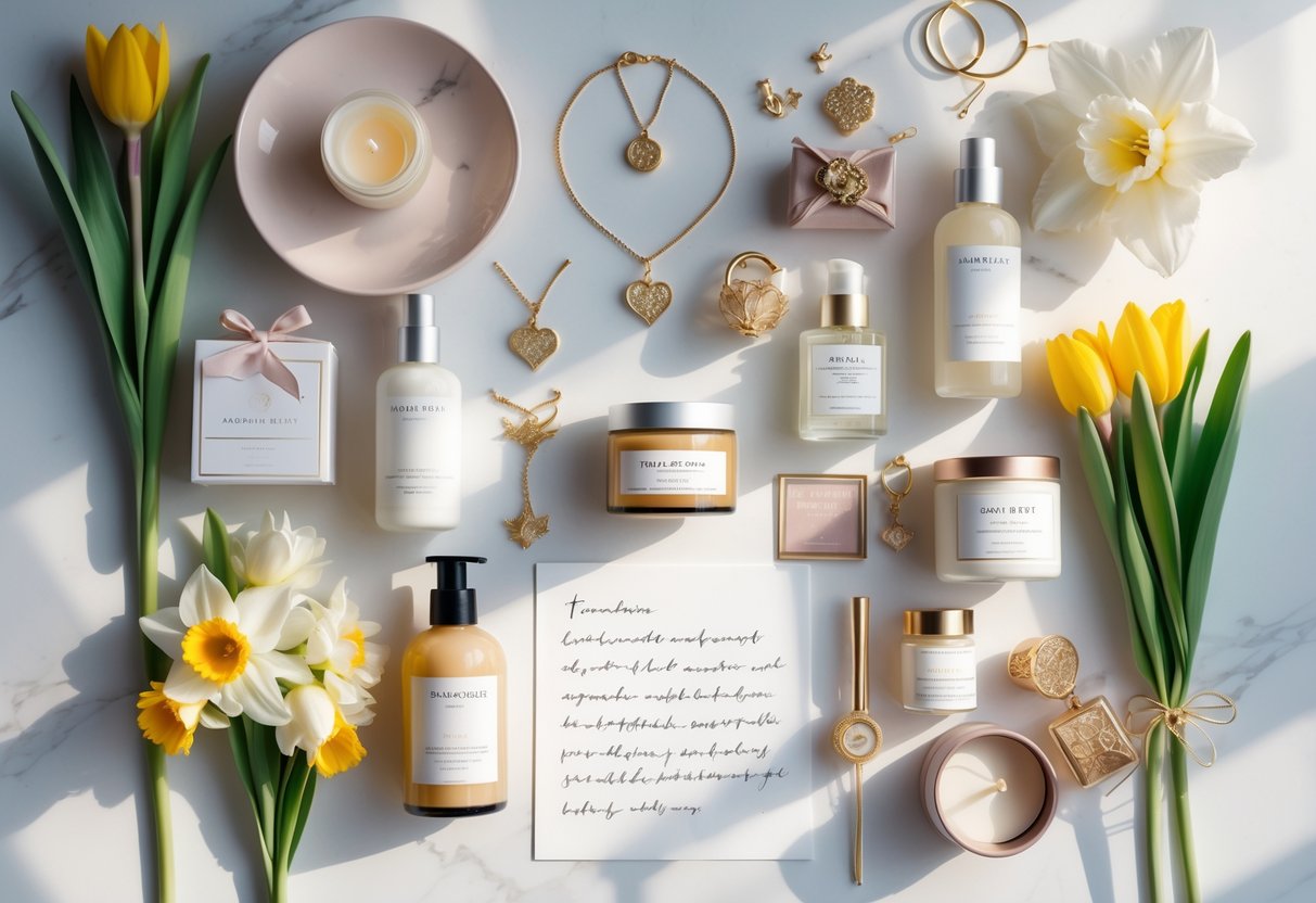 A flat lay of elegant self-care and beauty products with flowers and jewelry arranged on a white marble surface.
