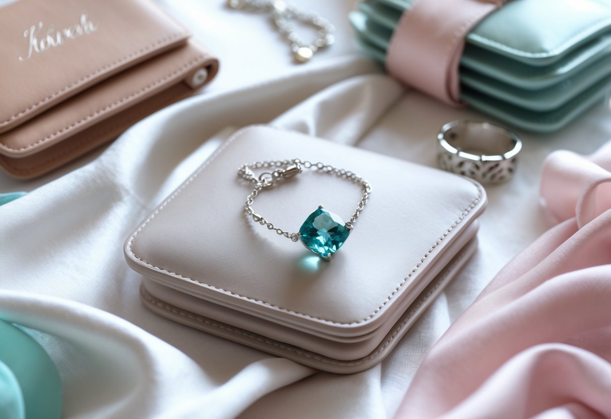 A display of elegant personalized accessories including a blue gemstone necklace, engraved bracelets, and monogrammed wallets arranged on a white surface.