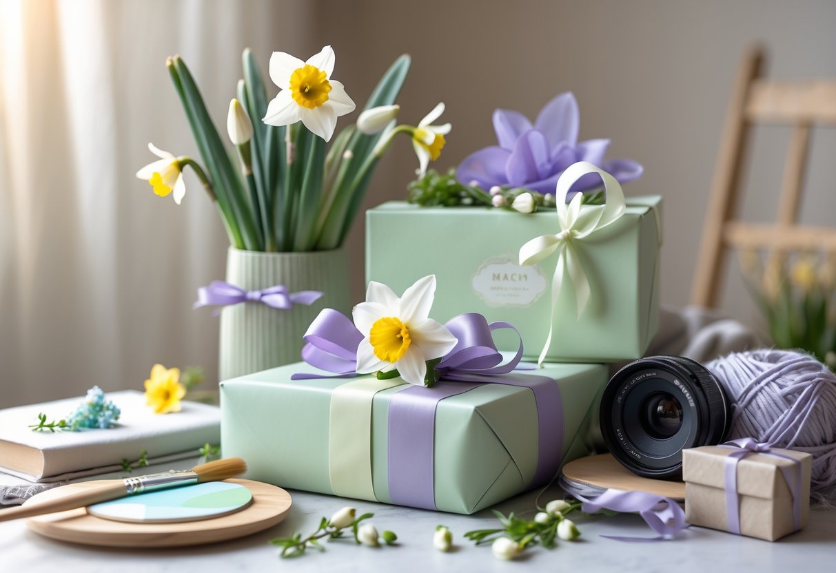 A neatly arranged gift box decorated with spring flowers surrounded by hobby-related items like paintbrushes, a book, yarn, and a camera lens.