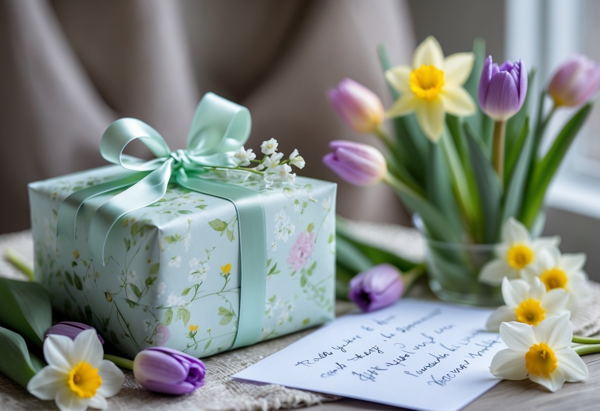 A beautifully wrapped personalized gift box surrounded by spring flowers and a handwritten card on a softly lit table.