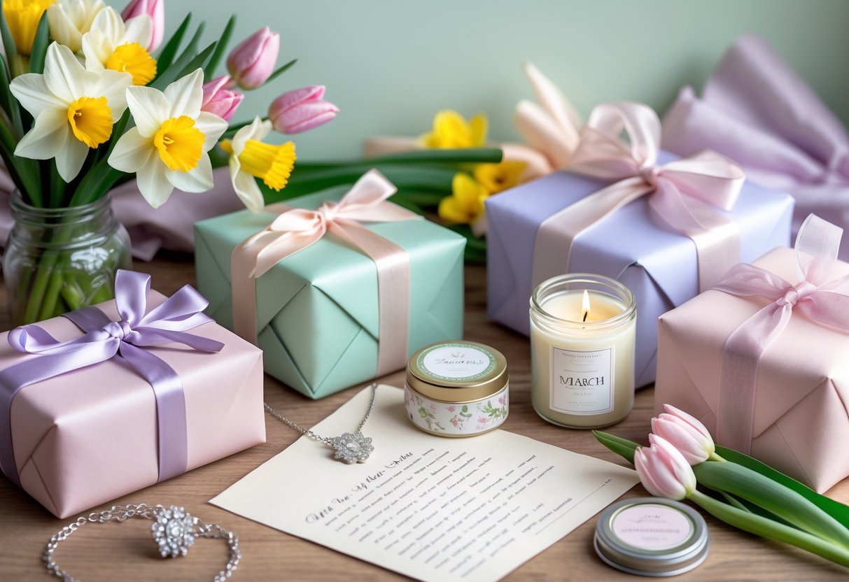 A table with wrapped gifts, fresh spring flowers, a jewelry box with a necklace, a candle, and a handwritten note arranged for a March birthday celebration.