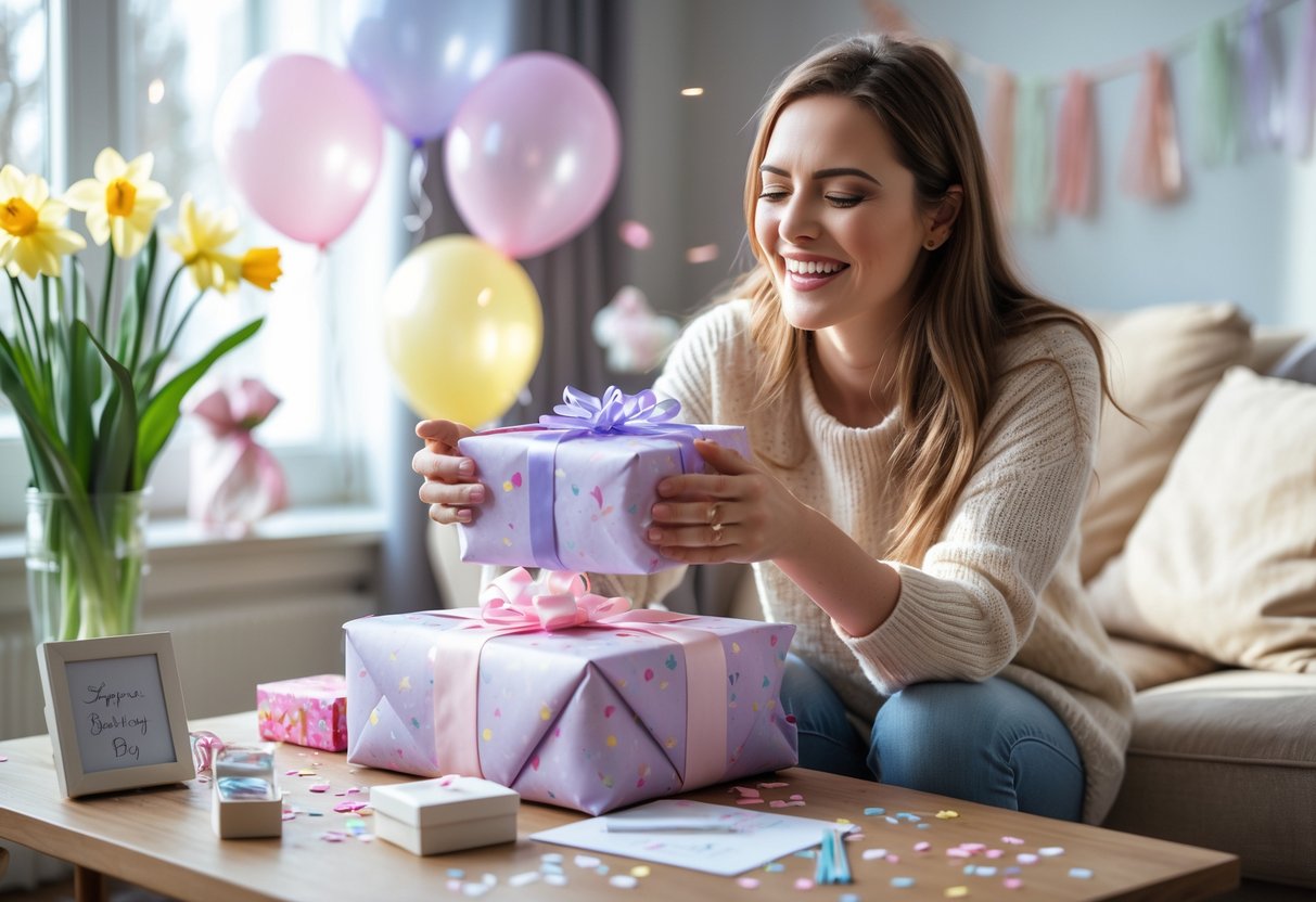 A woman smiling as she opens a birthday gift in a cozy room decorated with spring flowers and pastel balloons.