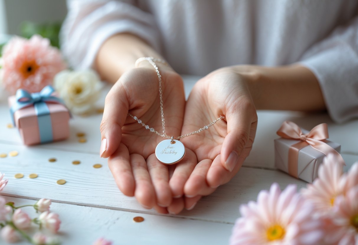 A woman's hands holding a personalized piece of jewelry surrounded by flowers and a small gift box on a wooden surface.