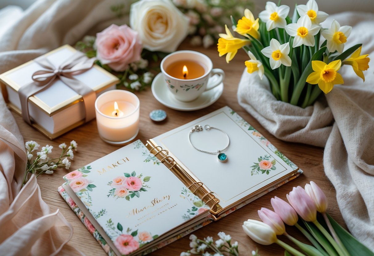A wooden table displaying personalized gifts including a journal, silver bracelet with a birthstone charm, photo album, and spring flowers, set in a warm, cozy environment.
