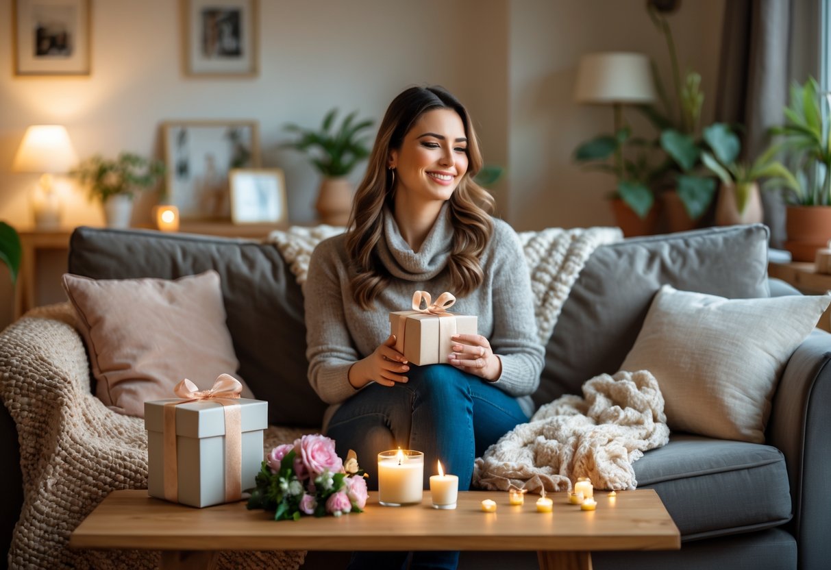 A woman sitting on a sofa surrounded by wrapped gifts, a candle, flowers, and a blanket in a cozy living room.