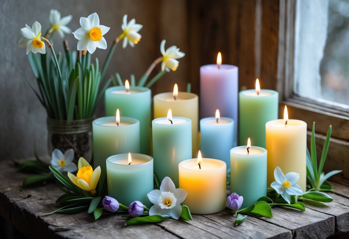 An arrangement of softly glowing pastel-colored candles surrounded by spring flowers on a wooden surface with natural light.