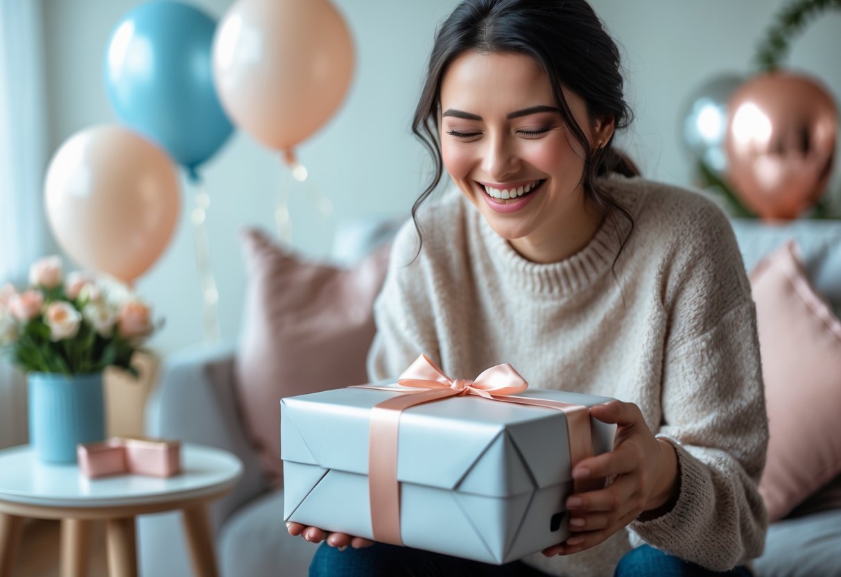 A young woman smiling while unwrapping a tech gift in a cozy room decorated for a birthday.