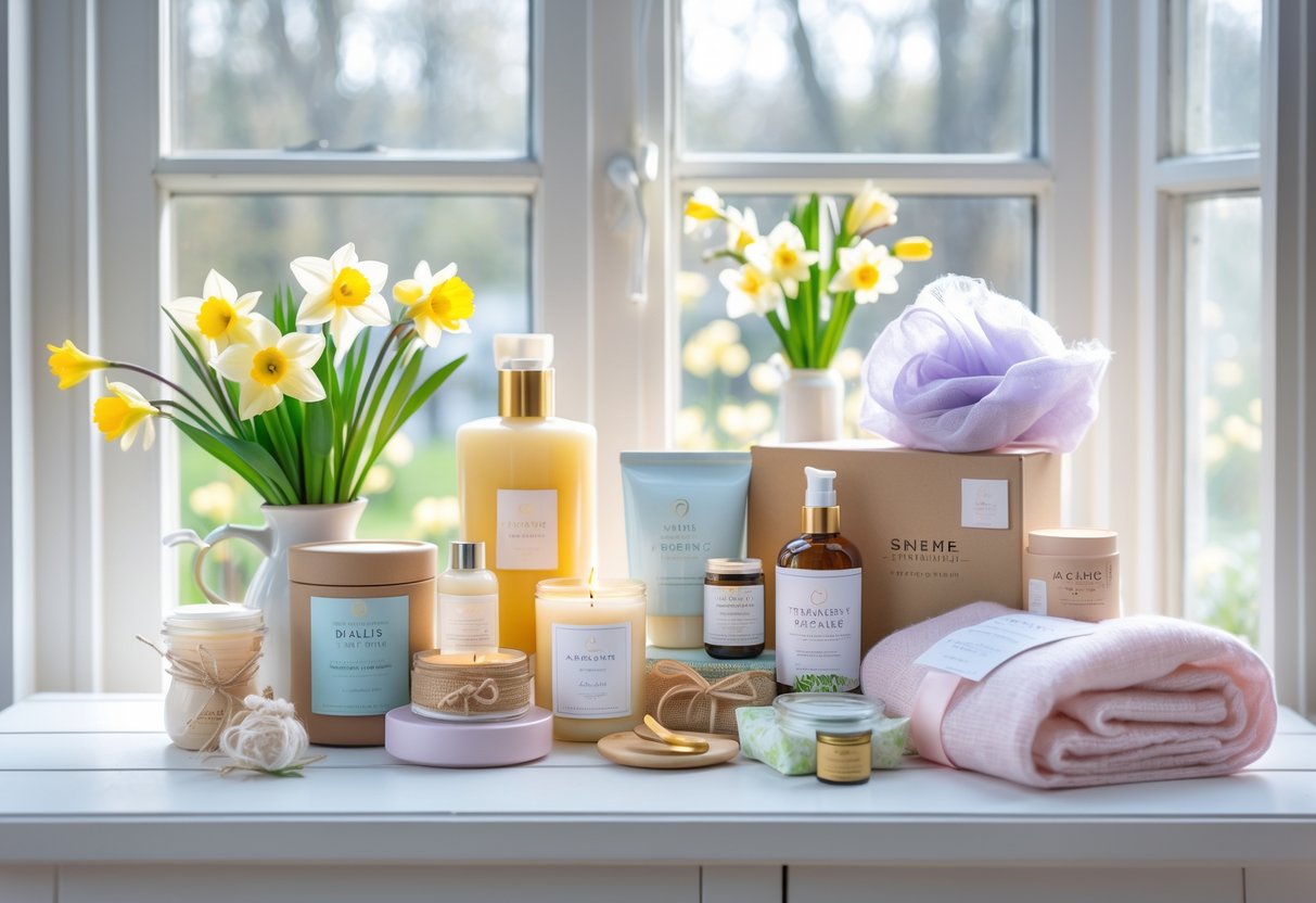 An arrangement of beauty and wellness gifts including candles, skincare products, herbal tea, and spring flowers on a white table by a sunlit window.