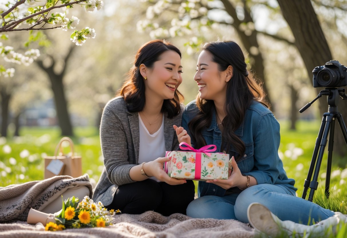 Two women outdoors in spring sharing a joyful moment as one gives a gift to the other near a picnic setup with flowers and a camera.