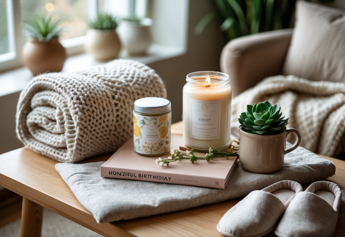 A cozy indoor scene with a wooden table displaying a blanket, candle, book, mug of tea, and a small plant, surrounded by slippers and cushions near a window with soft natural light.