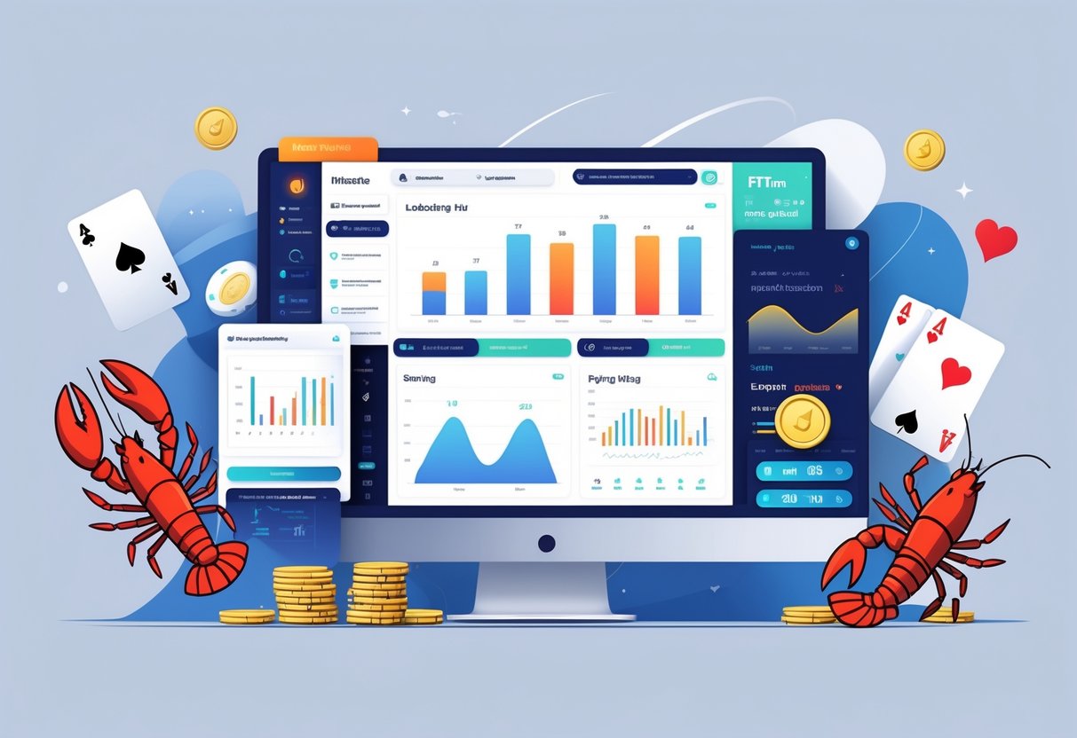 Ilustrasi profesional dari pusat informasi digital dengan grafik dan elemen bertema lobster dan permainan kasino.