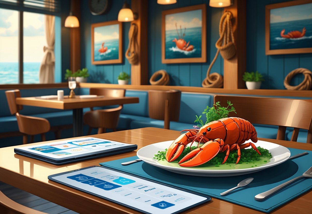Ilustrasi restoran seafood modern dengan meja makan yang rapi dan hidangan lobster yang disajikan secara elegan di tengah ruangan.