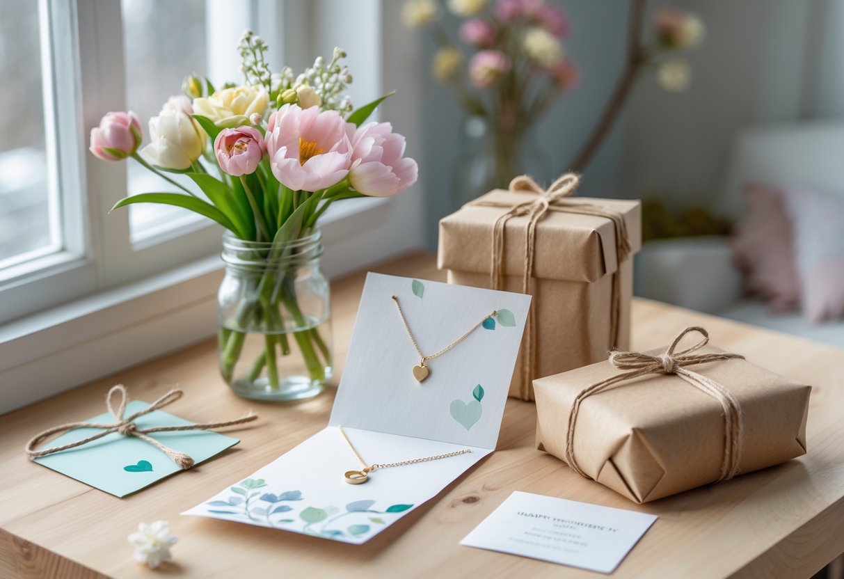 A table with a bouquet of spring flowers, a handmade card, a jewelry box with a necklace, and a wrapped gift in a cozy home setting.