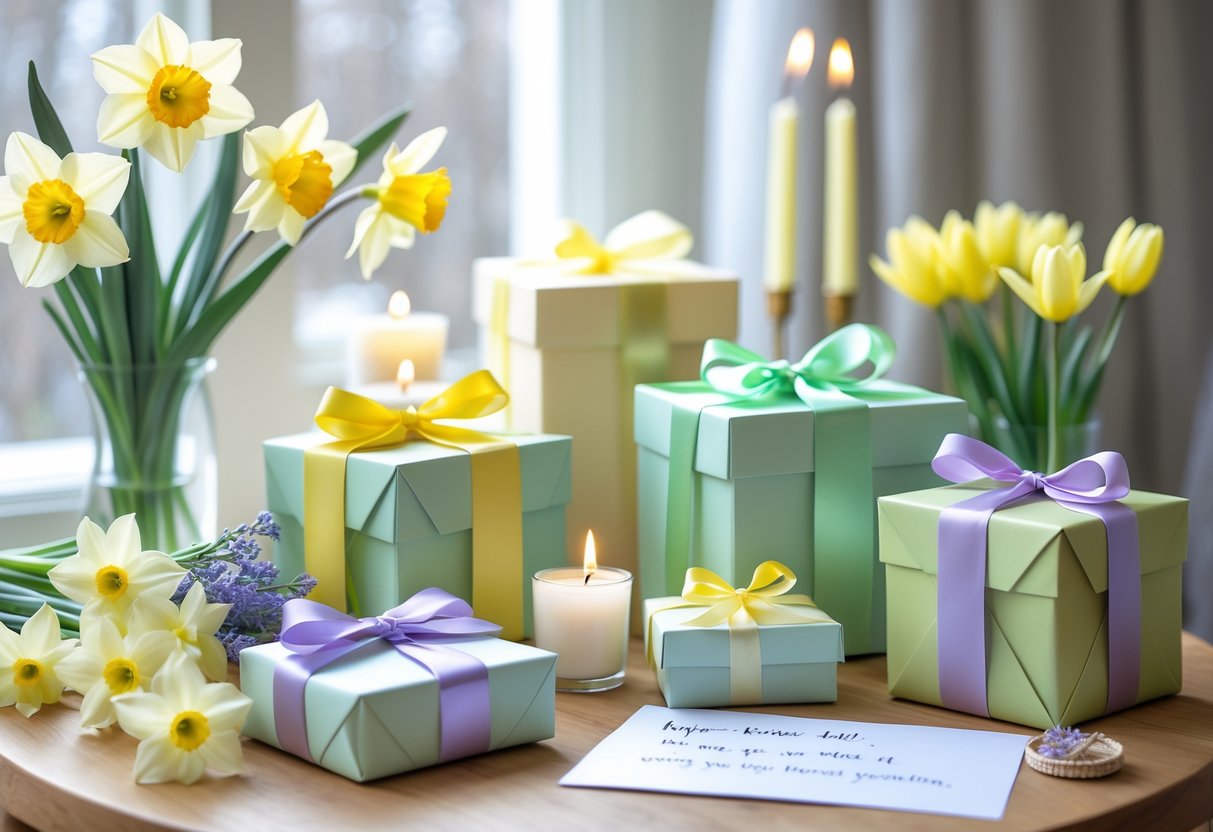 A table with spring flowers, wrapped birthday gifts, a handwritten note, and a small jewelry box in soft natural light.
