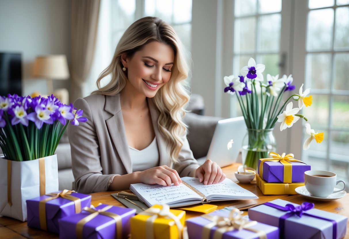 A woman sitting at a wooden table surrounded by wrapped gifts and spring flowers, writing in a notebook with a laptop and tea nearby.