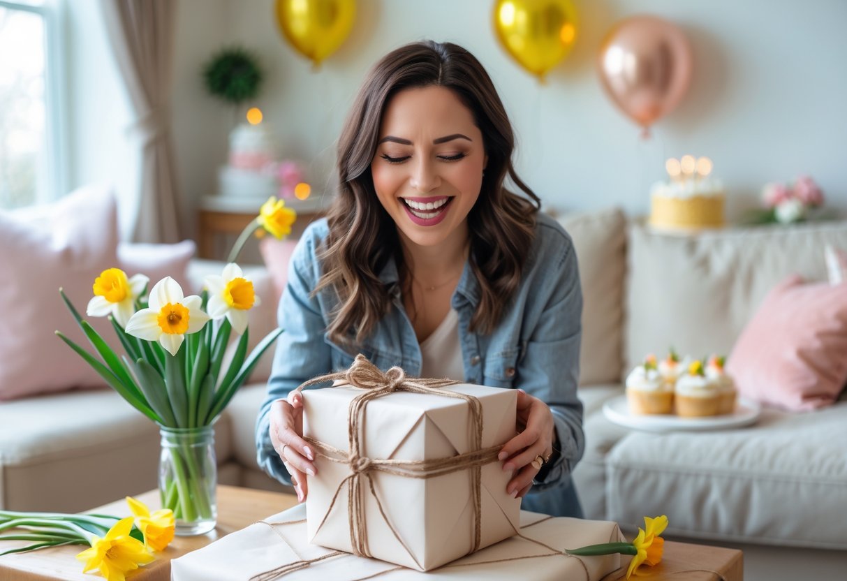A woman smiling happily as she unwraps a beautifully wrapped birthday gift in a cozy room decorated with spring flowers and birthday decorations.