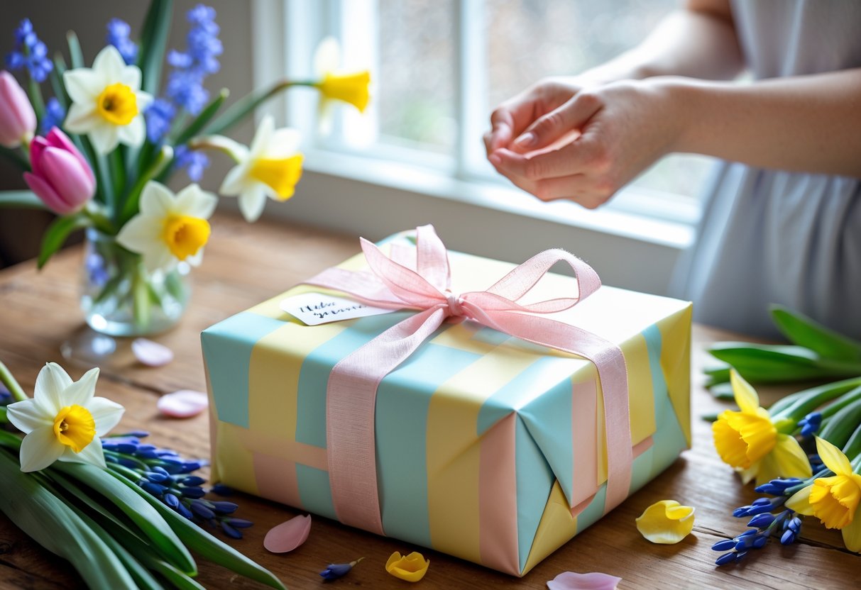A wrapped birthday gift box on a wooden table surrounded by spring flowers and a woman’s hands holding a small bouquet.