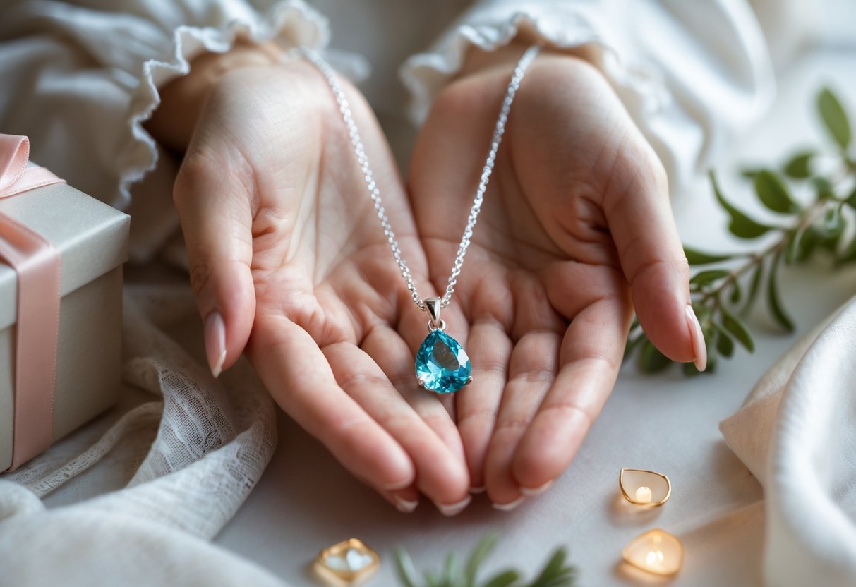 Close-up of a woman's hands holding a delicate aquamarine birthstone necklace with a gift box and greenery nearby.