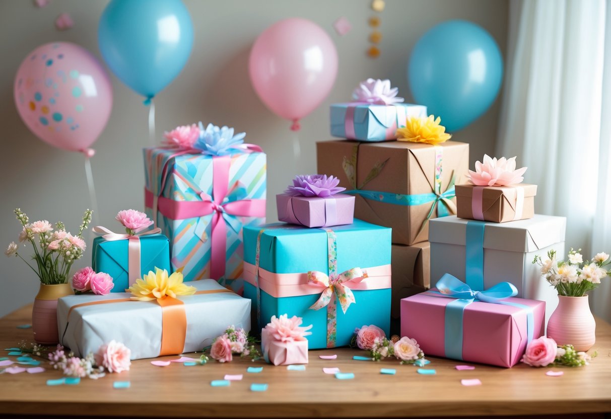 A wooden table with several wrapped subscription boxes surrounded by flowers, balloons, and confetti celebrating a woman's birthday.