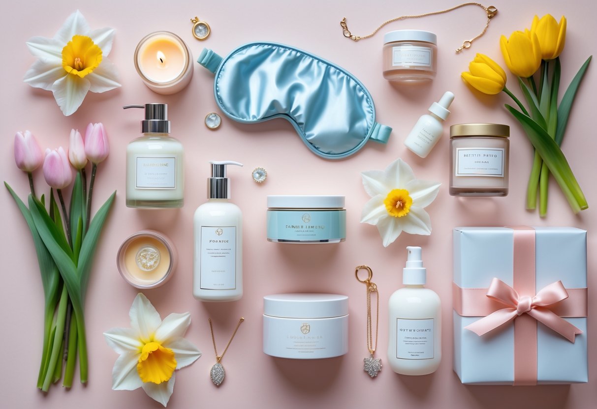 A flat lay of beauty and self-care items with flowers, a jewelry box, and a wrapped gift on a pastel background.