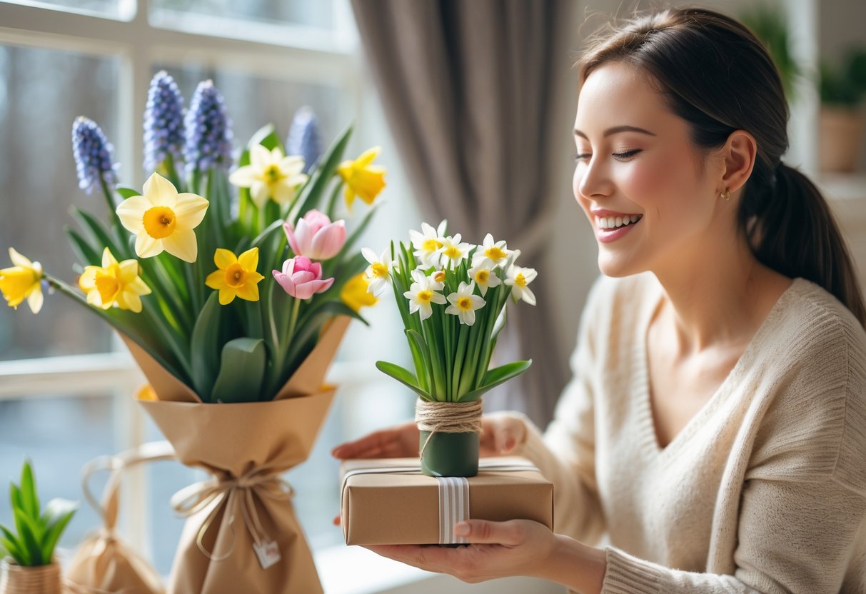 A woman happily receiving a bouquet of fresh spring flowers and a small potted plant indoors with natural light.