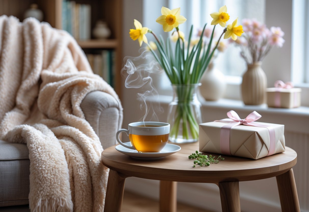 A cozy home scene with a plush throw on an armchair, a cup of tea on a side table, a bouquet of spring flowers, and a wrapped gift box.