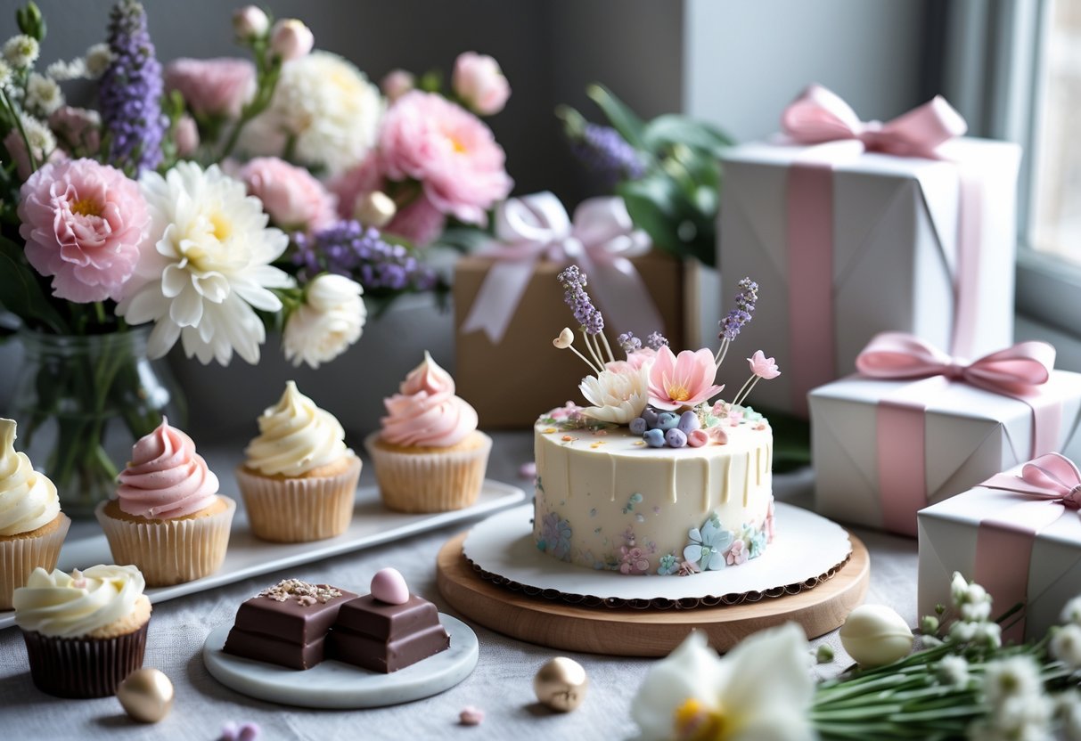 A table with assorted gourmet desserts, fresh flowers, and wrapped gift boxes arranged for a March birthday celebration.