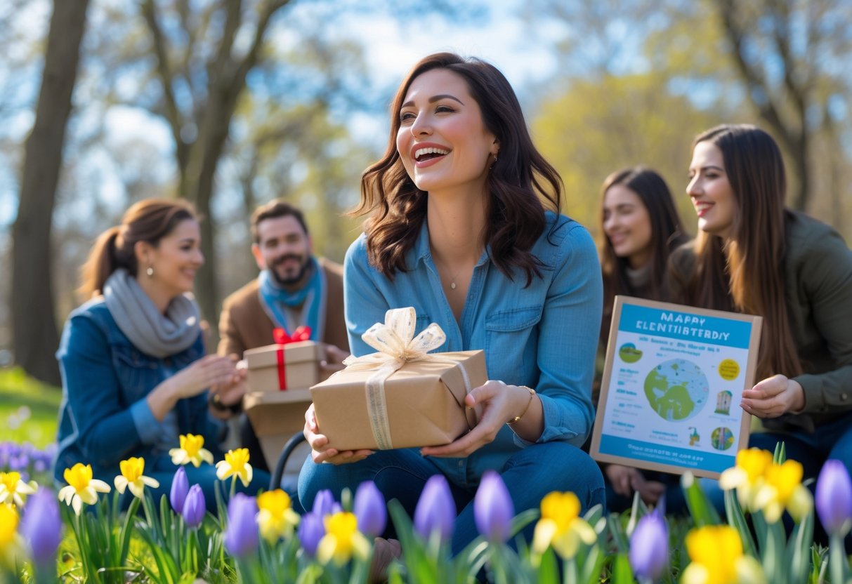 A happy young woman outdoors in early spring holding a wrapped gift, surrounded by unique experience-based birthday presents and blooming flowers.