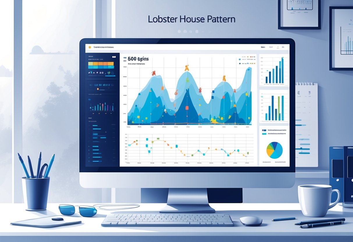 Sebuah ilustrasi yang menunjukkan analisis data pola Lobster House dengan grafik dan diagram warna-warni di layar komputer di sebuah meja kerja modern.