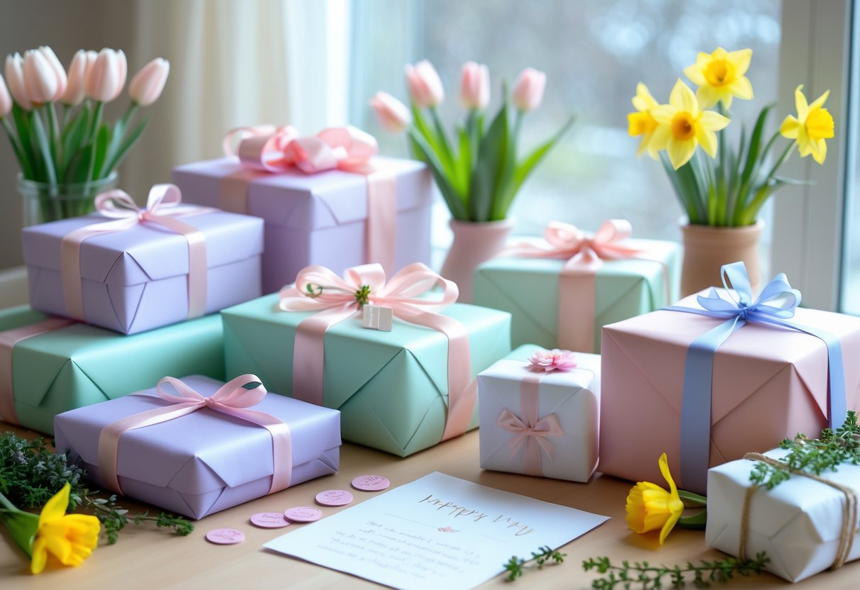 A table with neatly wrapped pastel-colored birthday gifts surrounded by spring flowers and greenery in natural daylight.