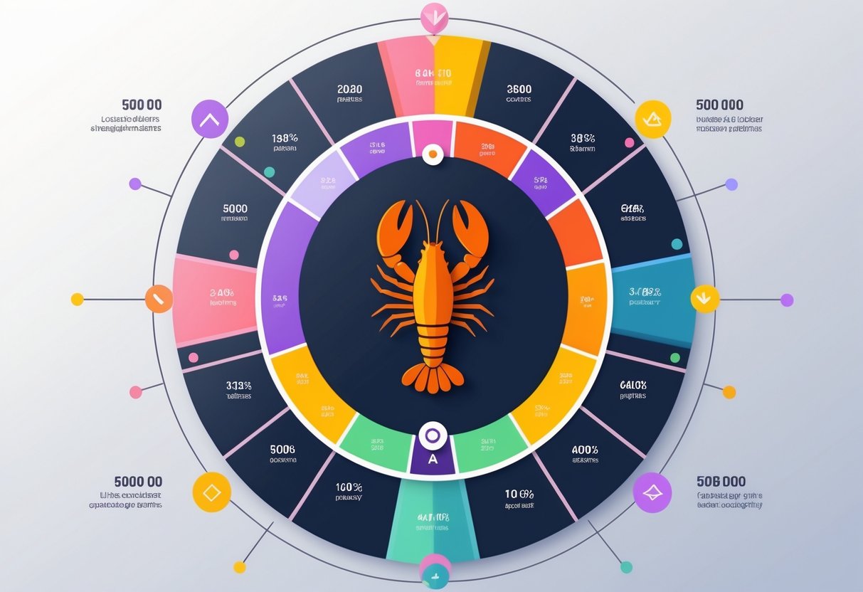 Ilustrasi infografis profesional yang menunjukkan strategi penerapan pola efektif berdasarkan hasil 500 putaran permainan Lobster House, dengan grafik lingkaran dan ikon lobster di tengah.