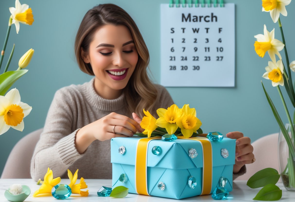 A woman happily unwrapping a spring-themed birthday gift at a cozy table with flowers and a calendar showing March.