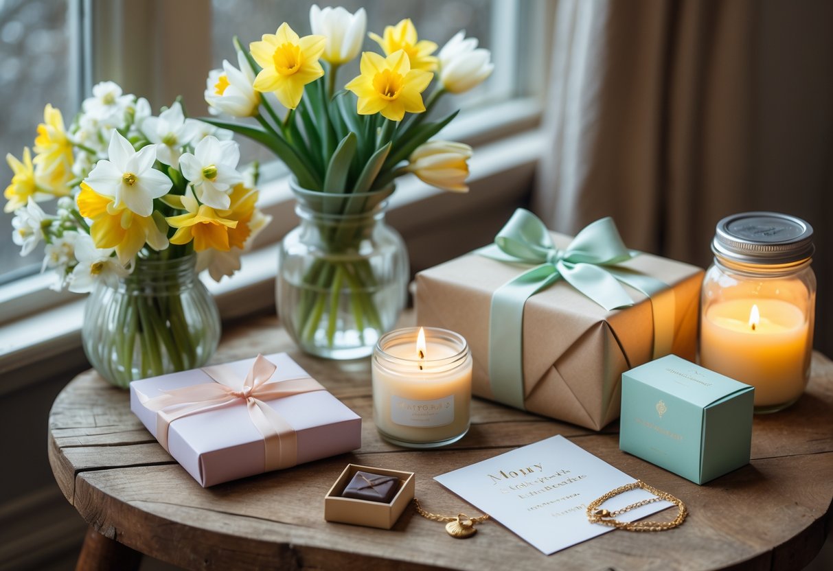A wooden table displaying spring flowers, a wrapped gift box, a scented candle, a handwritten card, chocolates, and a gold necklace arranged thoughtfully.