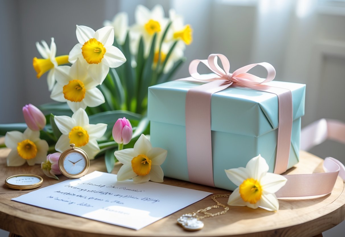 A wrapped gift box with a pastel ribbon, spring flowers, a handwritten note, and a small personalized keepsake on a wooden table.