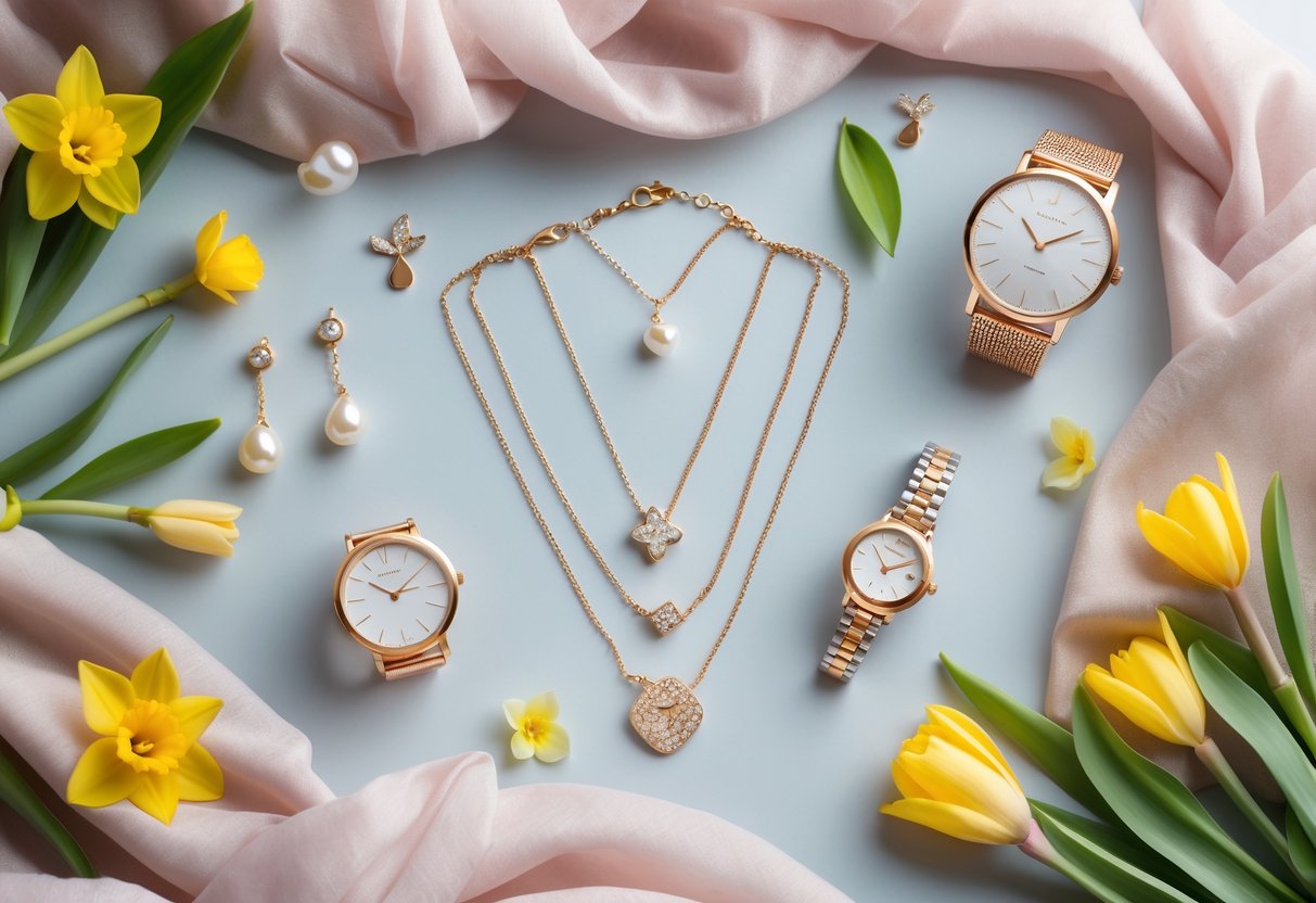 Flat lay of elegant jewelry and accessories with spring flowers on a pastel background.
