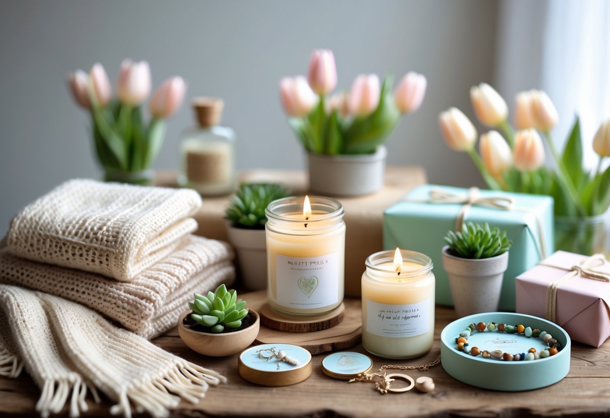 A wooden table displaying handmade scarves, scented candles, artisanal jewelry, and small potted plants with fresh tulips nearby.