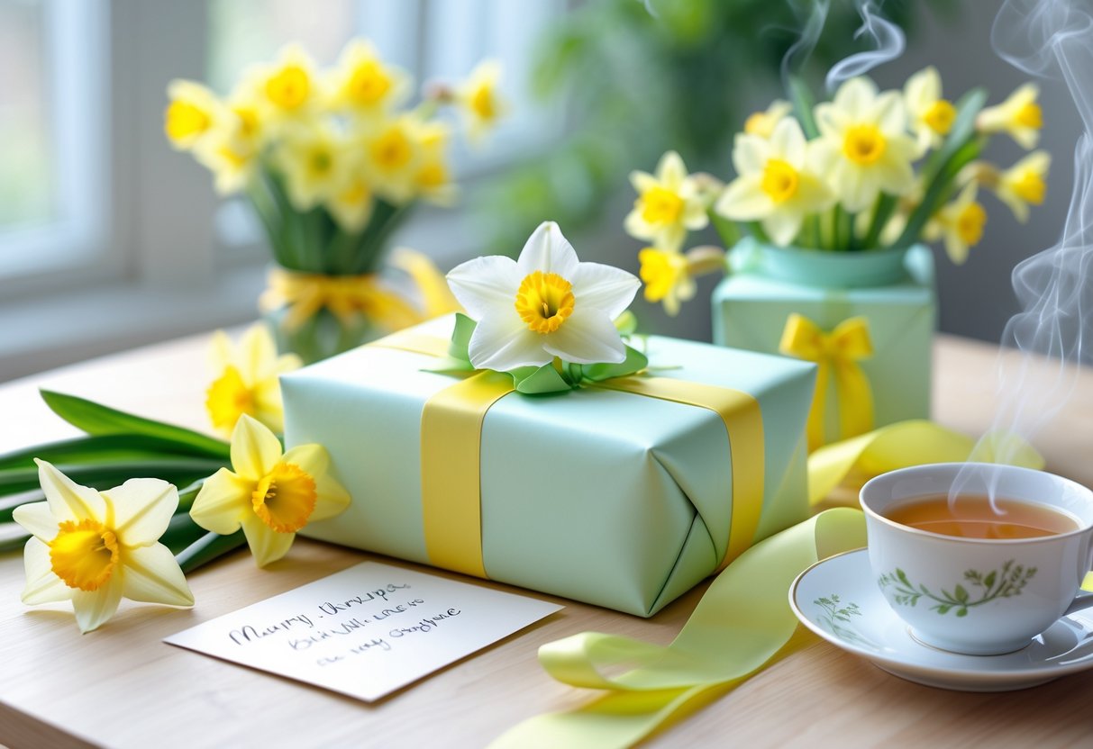 A table with a wrapped gift box, spring flowers including daffodils and lilies of the valley, a handwritten card, and a cup of tea, all arranged to suggest a thoughtful March birthday gift for her.