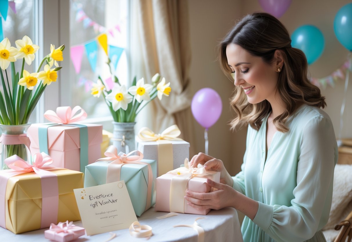 A woman selecting a gift from a table decorated with spring flowers, wrapped presents, and birthday decorations in a cozy room.