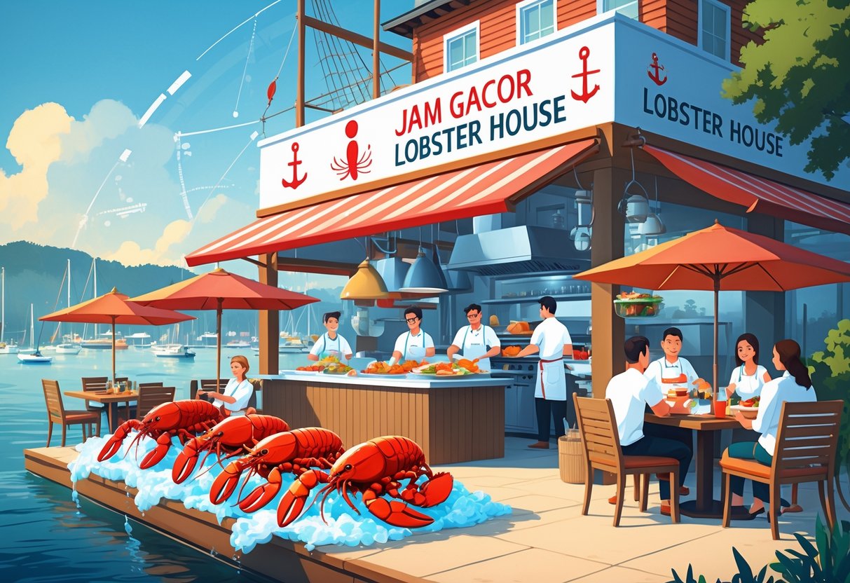 Sebuah restoran lobster yang ramai di tepi pantai dengan pelanggan menikmati hidangan laut segar dan koki sedang memasak di dapur terbuka.