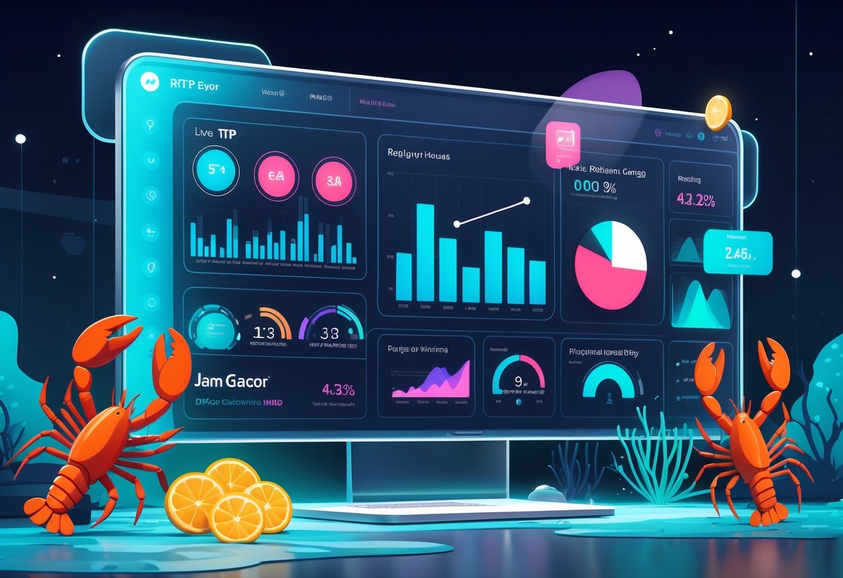 Ilustrasi layar digital modern yang menampilkan grafik dan pola data RTP langsung untuk permainan Lobster House™ dengan tema laut dan lobster.