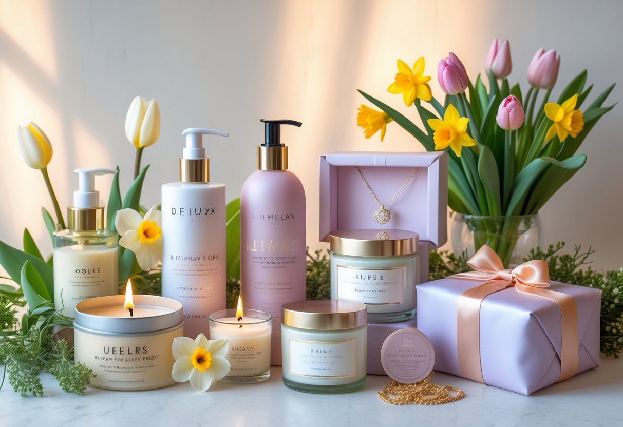 A collection of luxurious birthday gifts for a woman including skincare products, scented candles, fresh spring flowers, jewelry, and a wrapped present arranged on a soft background.