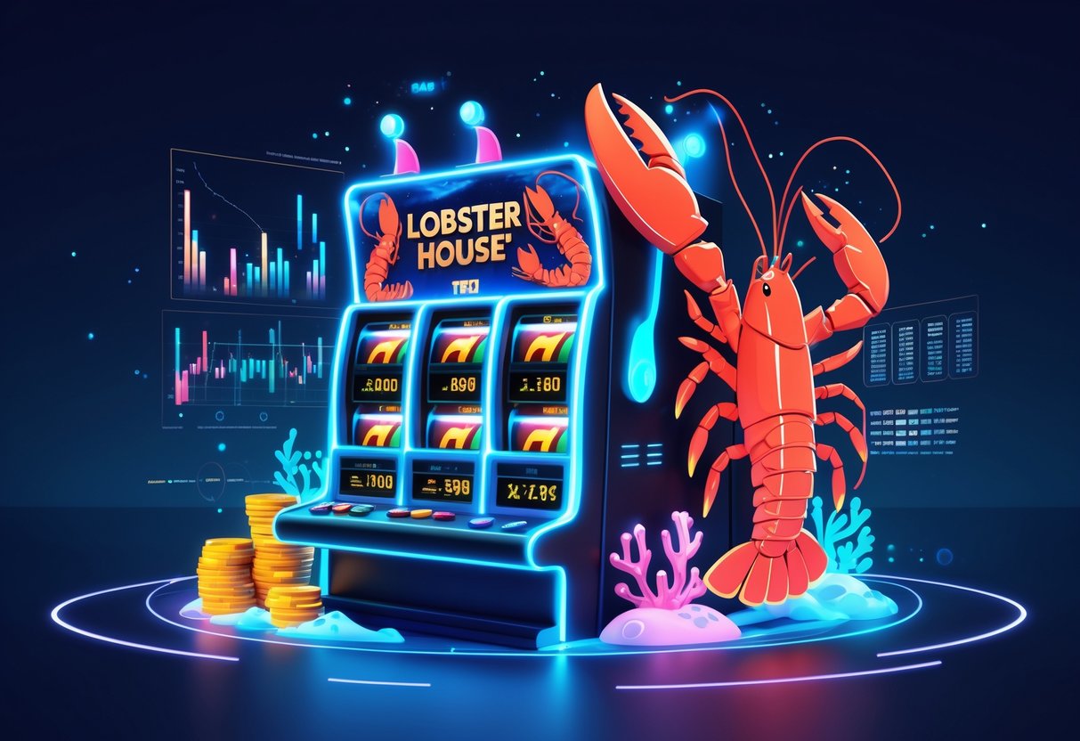 Ilustrasi mesin slot bertema lobster dengan grafik pola dan strategi bermain di latar belakang laut berwarna biru dan merah.
