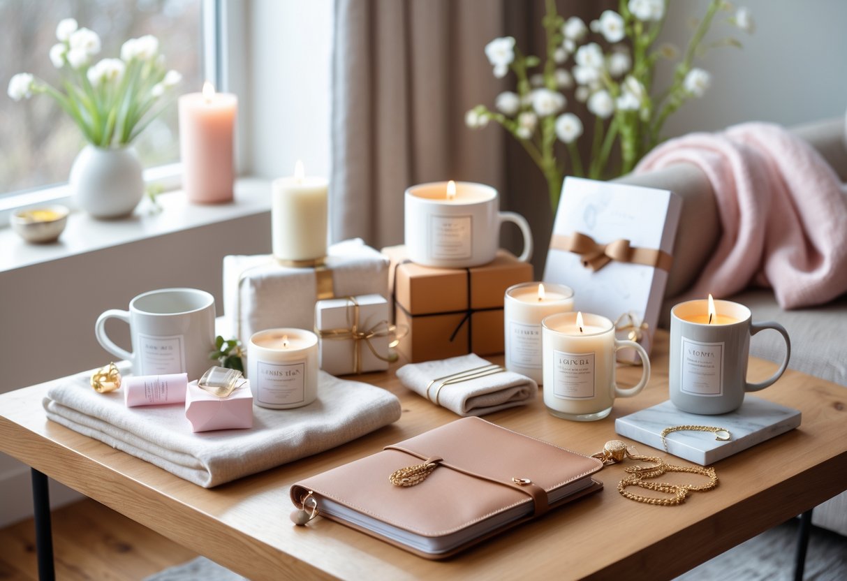 A collection of stylish home and lifestyle gifts arranged on a wooden table in a cozy living room with natural light and spring decor.