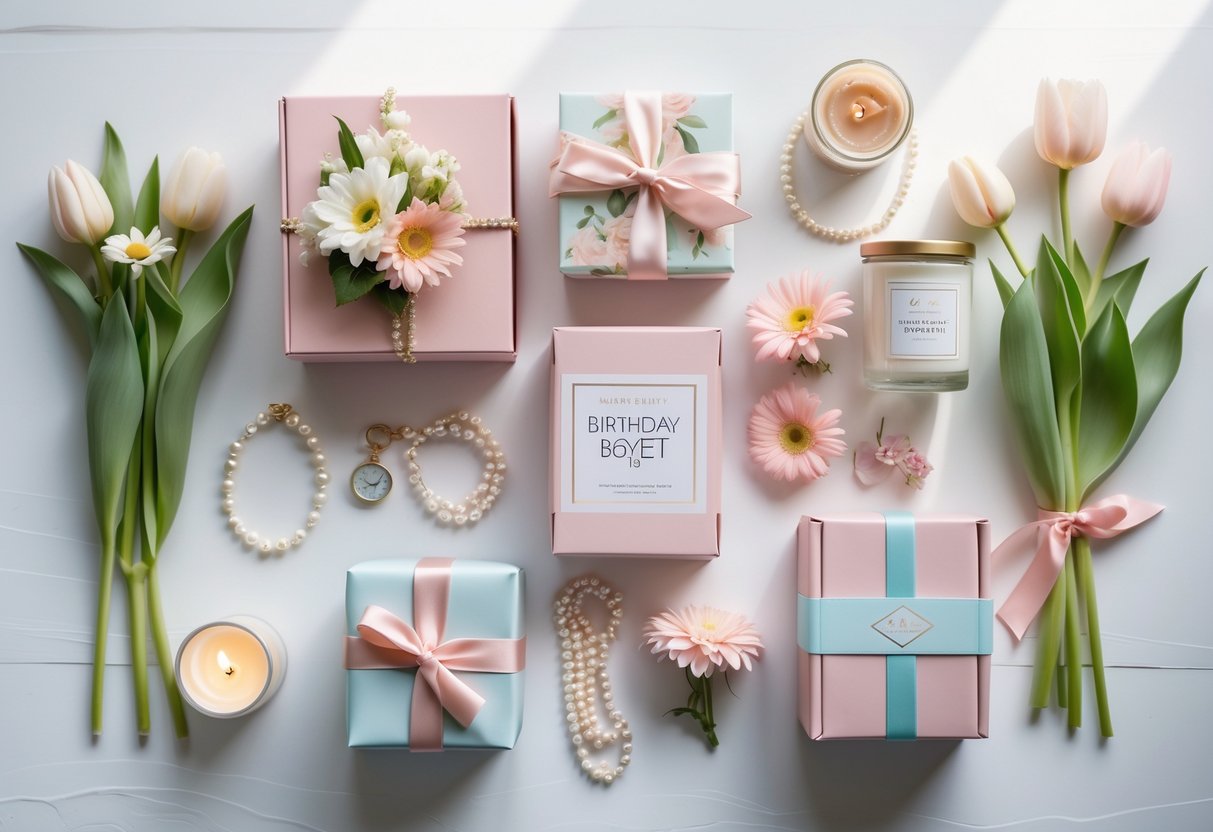 Flat lay of elegant subscription boxes with flowers, a wrapped gift, and feminine accessories on a white background.