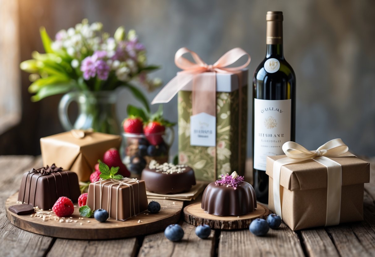 A table with gourmet chocolates, wine, fresh berries, spring flowers, and a wrapped gift box arranged together.