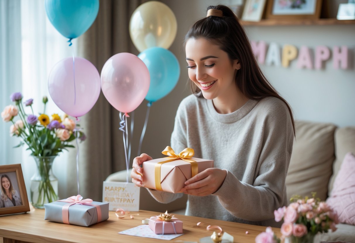 A young woman happily unwrapping a small birthday gift in a cozy, softly lit room with balloons and flowers nearby.