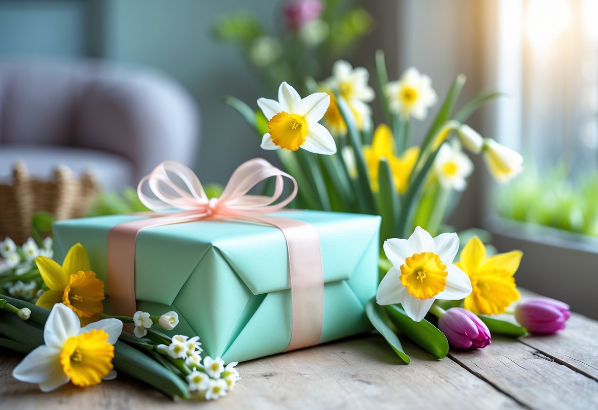 A wrapped gift box with pastel ribbon surrounded by spring flowers like daffodils and tulips on a table near a sunlit window.